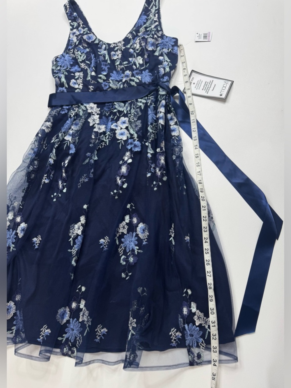 Alex Evenings Navy Blue Floral Midi Dress with Satin Ribbon - Picture 9 of 14